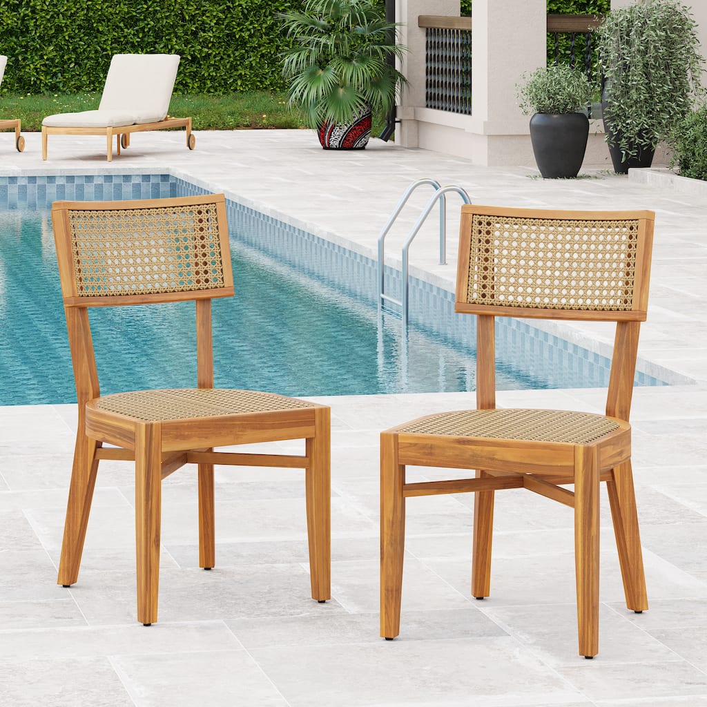 Christopher Knight Home - Eudoxia Patio Acacia Wood and Plastic Rattan Dining Chair（Set of 2）