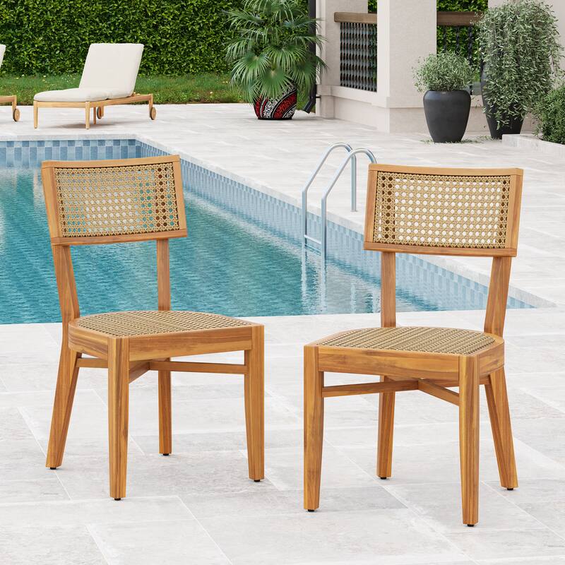 Roomfitters Netro Outdoor Acacia Wood Dining Chairs with Wicker Back, Teak Finish and Light Brown Set of 2 - Set of 2