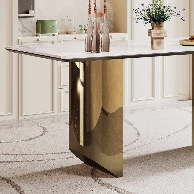 0.47" Thick Sintered Stone Composite Tempered Glass Top Dining Table with Stainless Steel Base