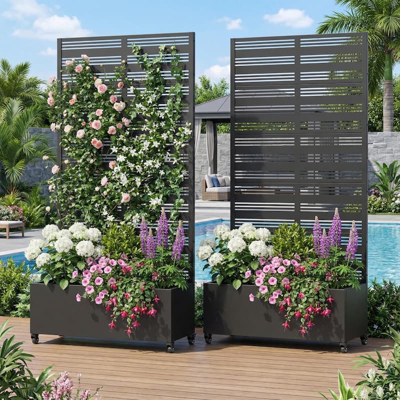 Metal Galvanized Planter Box with Trellis Privacy Screen Lockable Wheels Set of 2