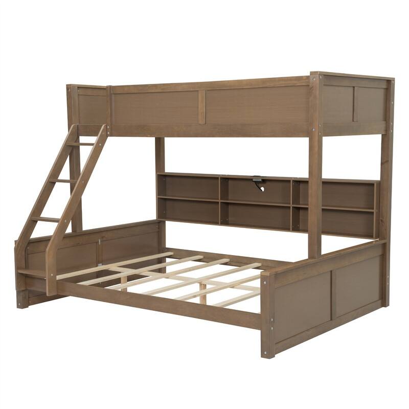 Solid Wood Bunk Bed with Storage Cabinets and USB Ports, Twin XL over Queen/Full XL over Queen Bunk Bedframe w/ Storage Shelves