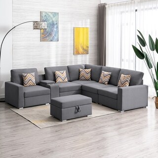 5Pc Reversible Linen Fabric Sectional Sofa with 5 Foam Filled Chairs, L ...
