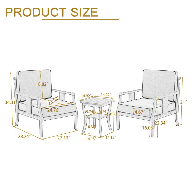 3-Piece Teak Wood Outdoor Armchair Set with Side Table, Cushions, Patio Seating Sets