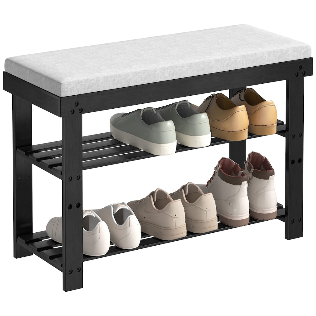 Bamboo Shoe Bench,3-Tier Shoe Rack,Entryway Bench with Cushion and Adjustable Shelves,Shoe Rack for Entryway,Living Room