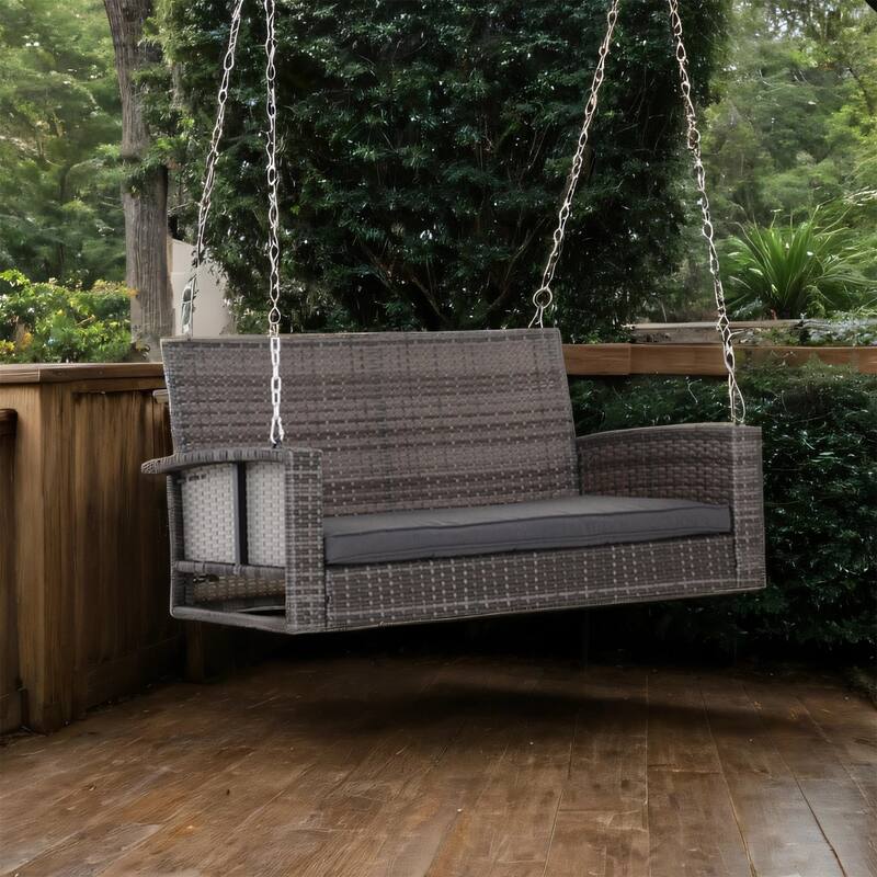 50" Outdoor Wicker Hanging Swing Bench with Cushions and Steel Frame
