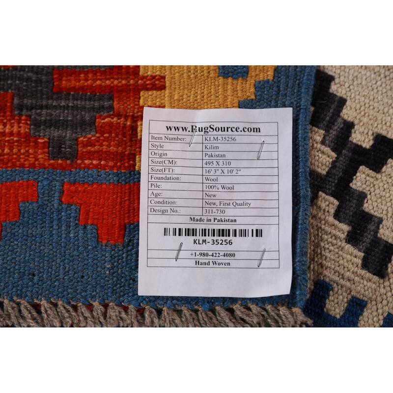 Geometric Kilim Oriental Large Rug Living Room Hand-Woven Wool Carpet - 10'2"x 16'3"