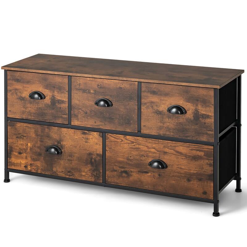 5 Drawer Dresser Chest of Drawers with Wood Top Steel Frame - Rustic Brown