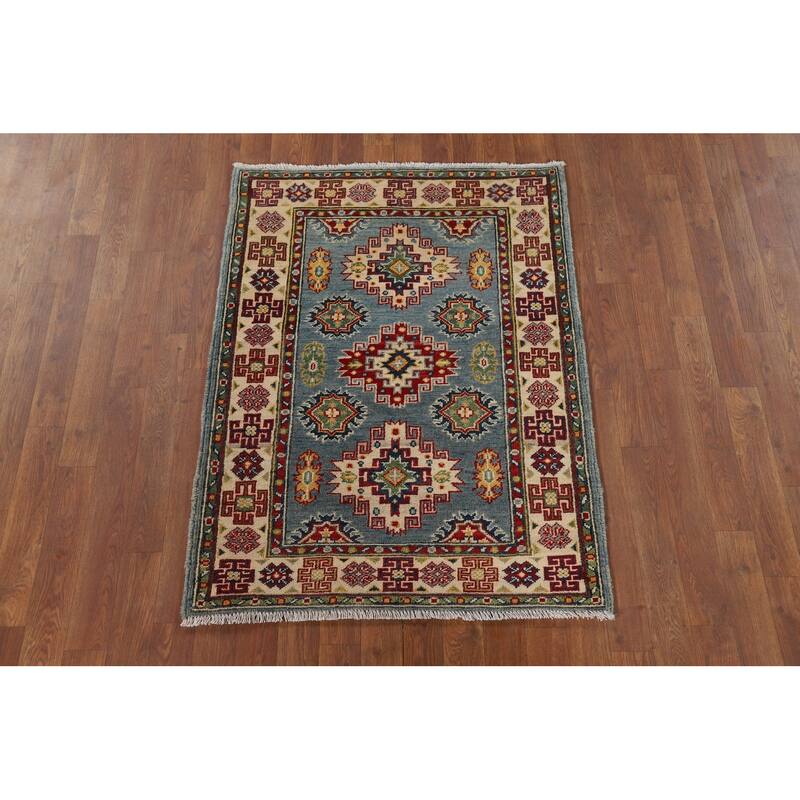 Light Blue Kazak Foyer Rug Hand-Knotted Traditional Wool Carpet - 2'11" x 3'11"