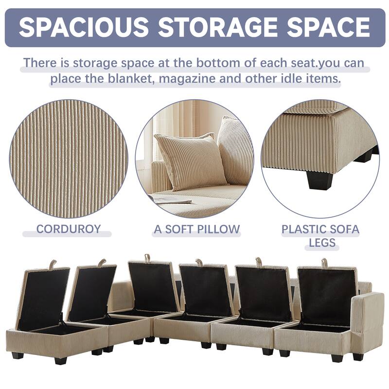 113.5" Corduroy U-Shaped Sectional Sofa with Storage Ottoman, 6-Seat Modular Design and Convertible Chaise