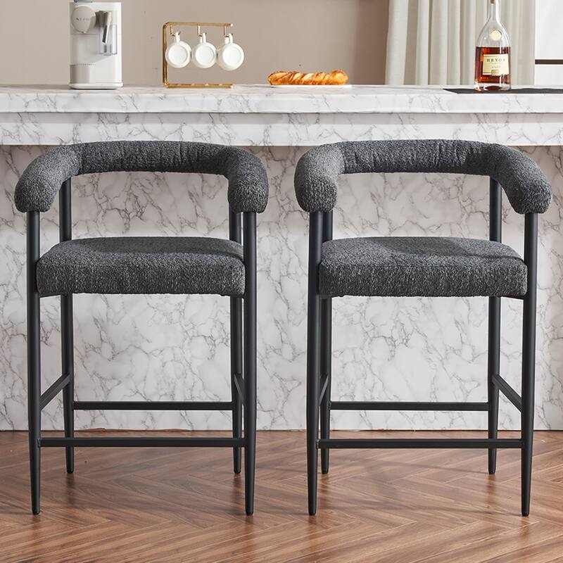 Modern Upholstered Bar Stools Set of 2, Fabric Counter Height Chairs with Metal Frame & Armrests, Kitchen Island Bar Chairs