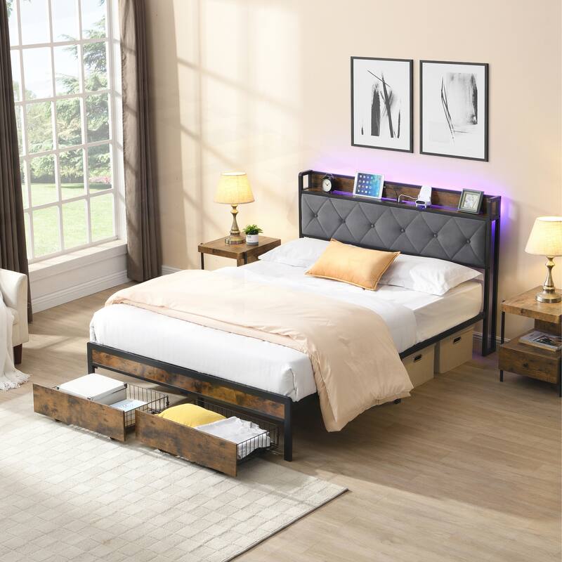 Versatile Queen Bed Frame with Storage and LED Lights for Enhanced Comfort - Brown and Gray - Queen