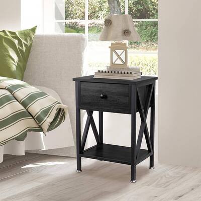 X-shaped Side Table with Drawer and Open Storage Shelves