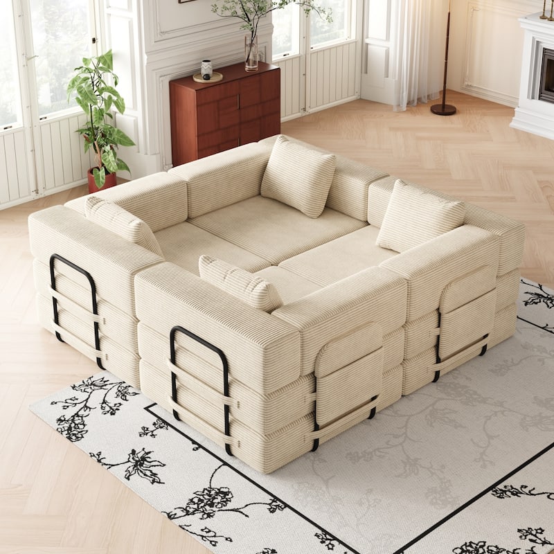 Corduroy Modular Sleeper Sofa Bed with Side Pockets and Anti-slip Pads - Beige