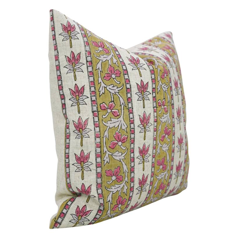 Fabdivine Viscose Linen Floral Block Print 24x24 Inches Pillow Cover for Eco Style Fall Home Decor Pink Cushioncase, Laxmi