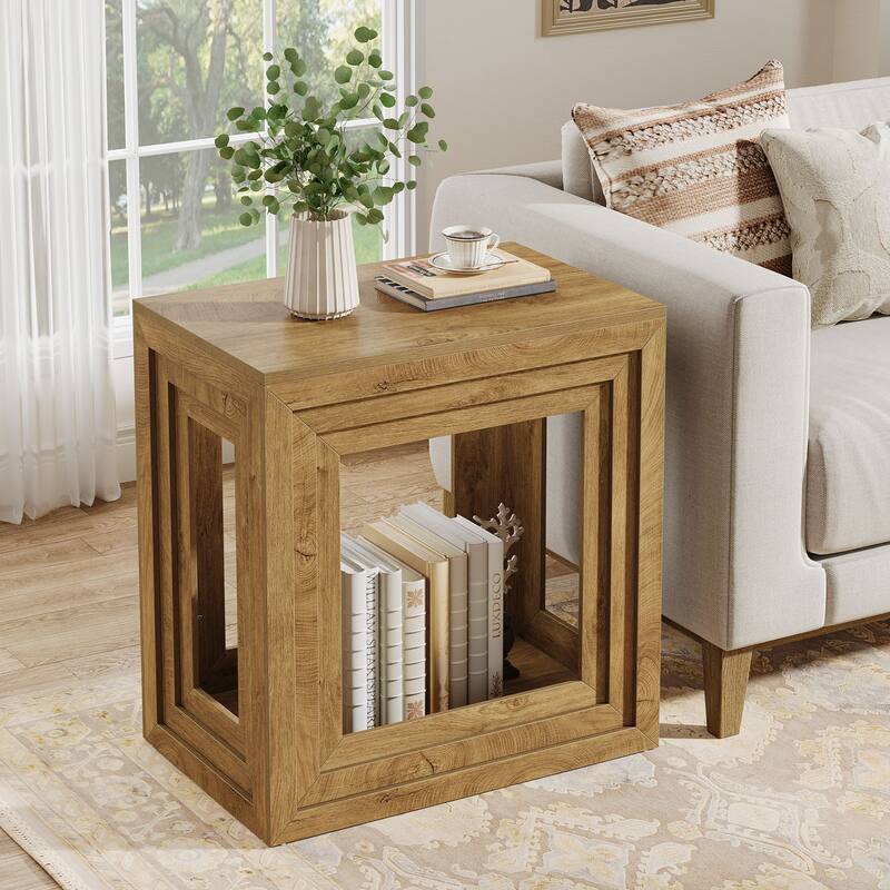 Farmhouse End Table with 2-Tier Storage, 24” Square Wooden Side Table