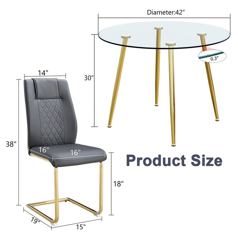 Modern Style Dining Set with Round Transparent Tempered Glass Table and PU High Back Dining Chairs