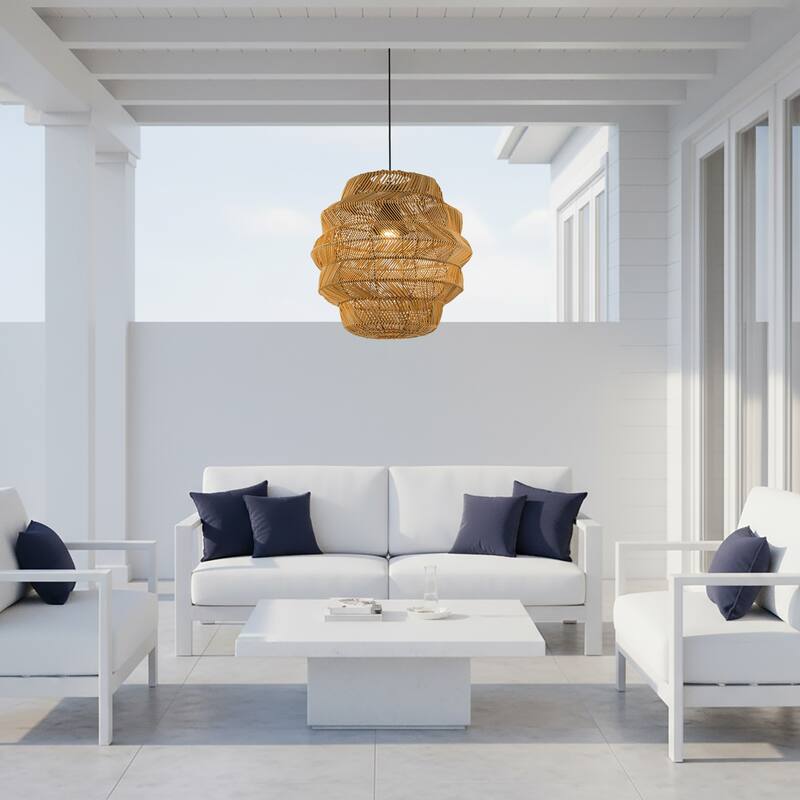 Cana 1-Light Wicker Outdoor Pendant, Coastal Boho Tiered Drum - Handwoven