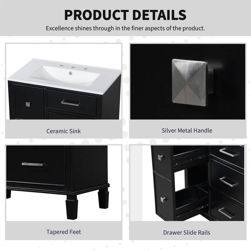 30'' Bathroom Vanity with Ceramic Sink, Freestanding Bathroom Vanity Cabinet with 3 Soft Close Drawers and 1 Flip-Out Drawer