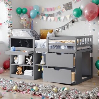 Stylish & Simple Twin Size Low Loft Bed with Rolling Desk, Shelf and Drawers, Solid Construction & Versatility galore, Grey