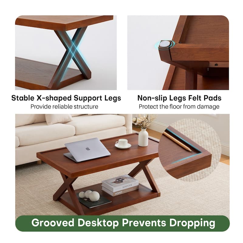 2-Tier Rectangular Solid Oak Wood Coffee Table with Cross Legs - 40.23"L x 21.17"W x 16.54"H