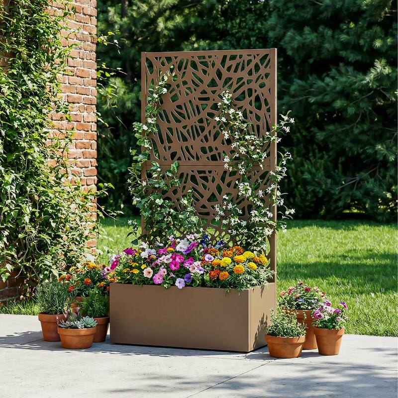 Metal Galvanized Planter Box with Trellis Privacy Screen Lockable Wheels - Brown-Rectangle - 59"x30"
