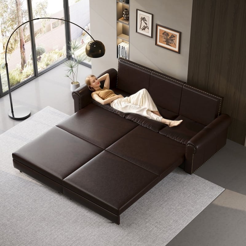 93.7" King Pull Out 3-in-1 Faux Leather Convertible Sleeper Sofa Bed with Nailhead Trim and Rolled Arm