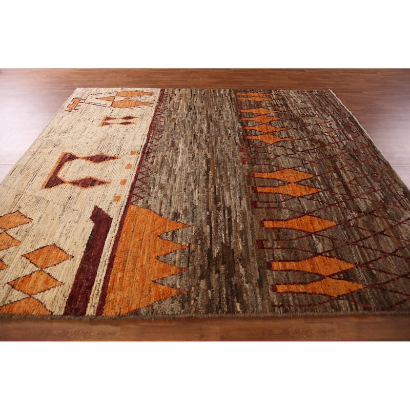 Brown Geometric Moroccan Oriental Area Rug Handmade Wool Carpet - 8'7" x 9'8"