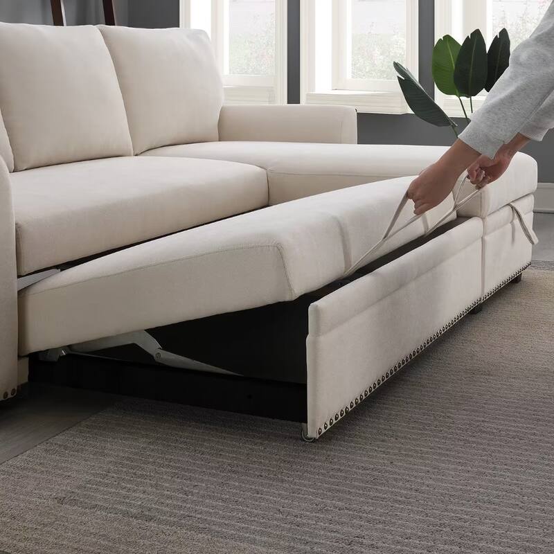 Morden Fort Reversible L-Shaped Sofa Bed with Storage - Velvet Upholstery, Button Tufting, and Nailhead Trim
