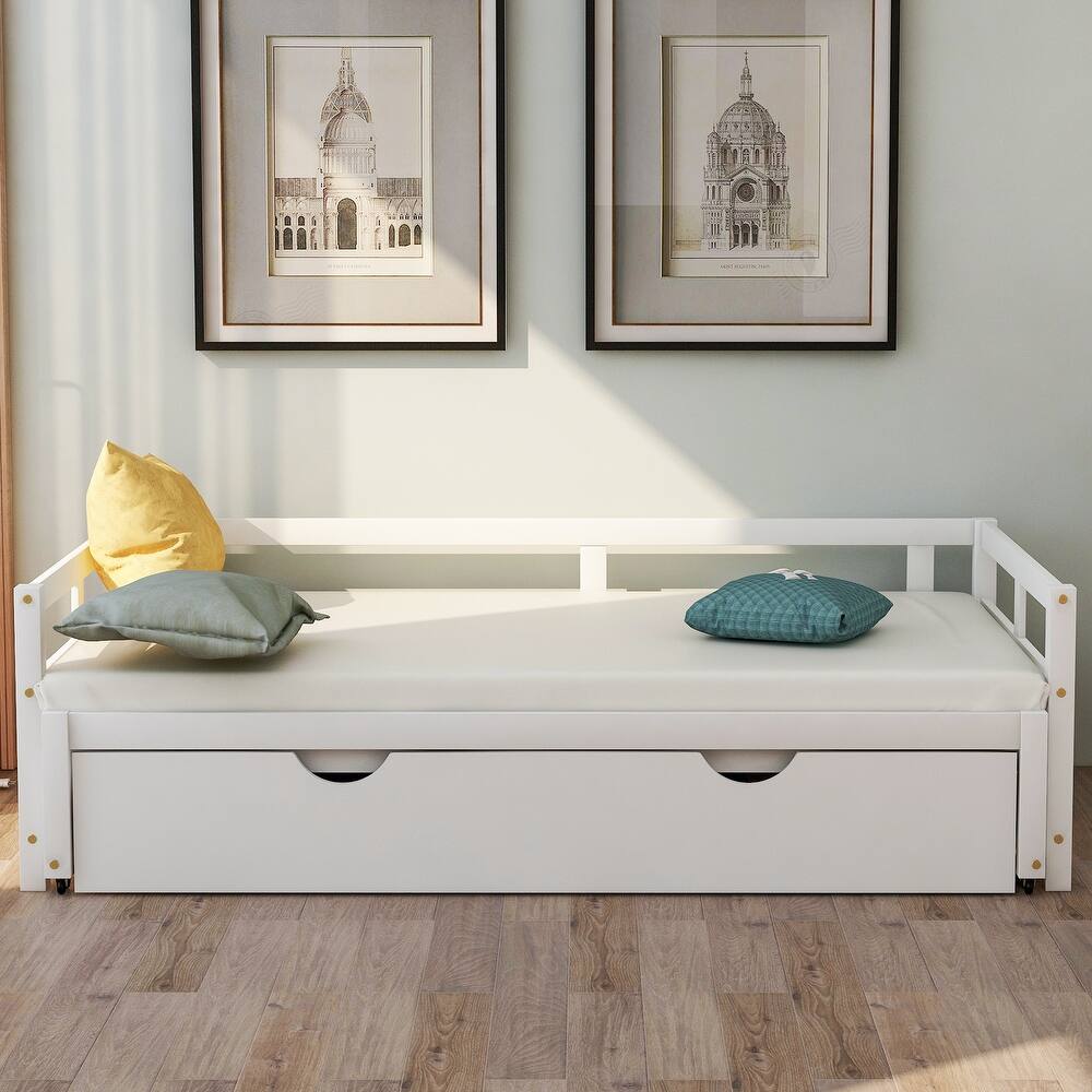 Twin Size Extending Daybed with Trundle, Wooden Daybed with Trundle, White