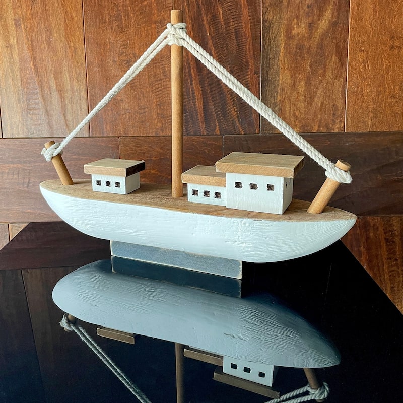 13.5In Wood Fishing Boat Statue Nautical Decor Handcrafted Ship Modell - 9.75 X 13.5 X 3.25 inches