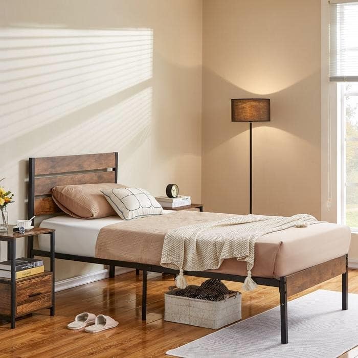 Modern Industrial Platform Bed Frame with Black Oak Headboard