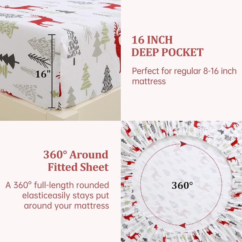 Christmas Red Christmas Reindeer Deer Bed Sheets Set with 16 Inches Deep Pocket