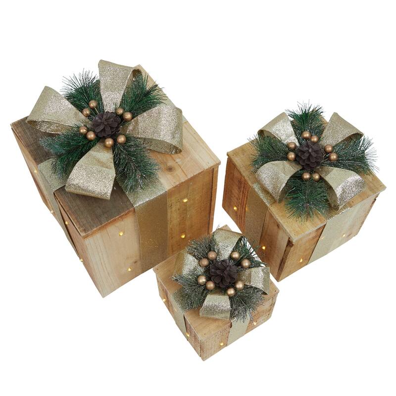 Alpine Corporation 3-Piece Decorative Wooden Christmas Gift Box Set with LED Lights