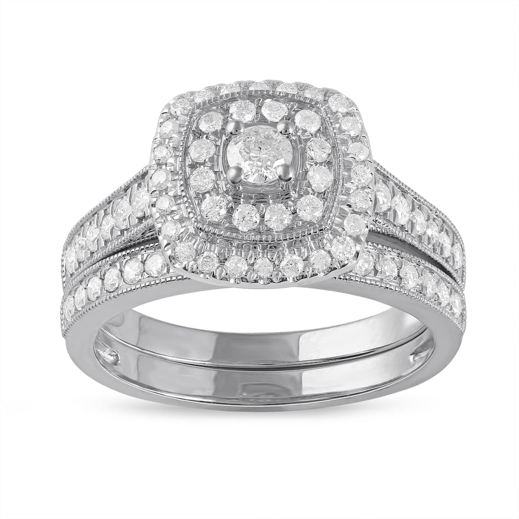 3/4ct TDW Diamond Double Halo Bridal Set in 14K White Gold for Women