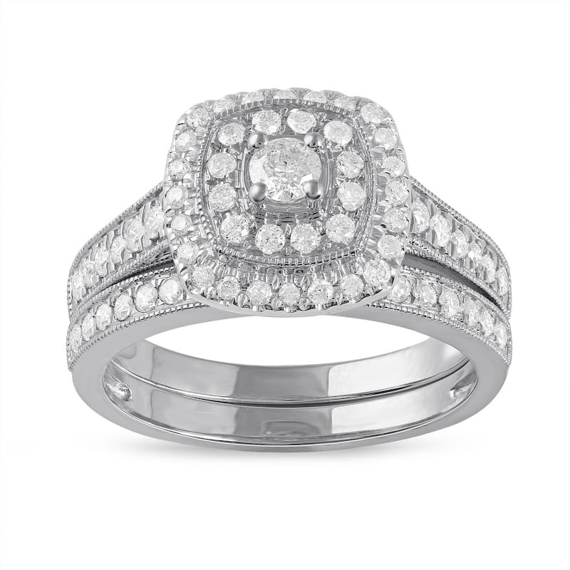 3/4ct TDW Diamond Double Halo Bridal Set in 14K White Gold for Women