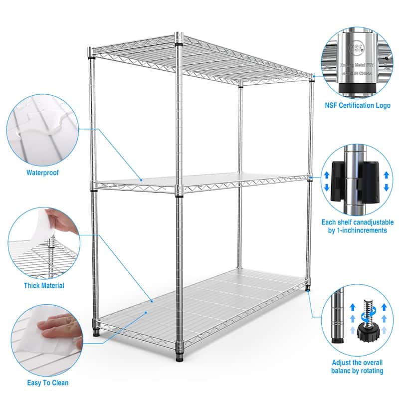 3 Tier Heavy Duty 1050 LBS NSF Height Adjustable Metal Storage Shelves