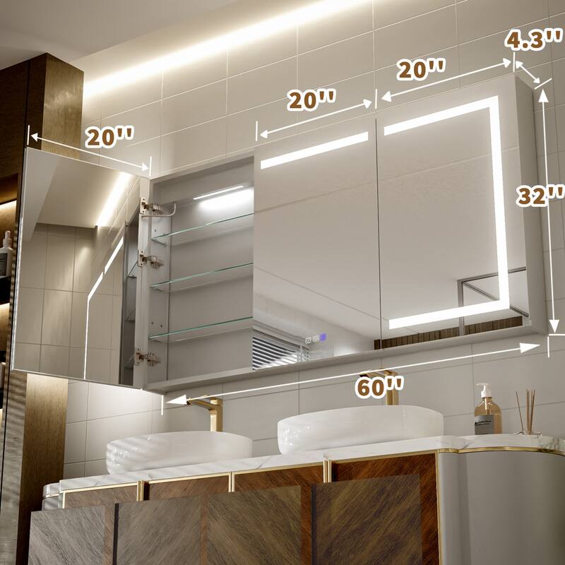 Modland 48-60" Extra Wide LED Medicine Cabinet - Dimmable Tri-Color Lighting,Defogger & GFCI Outlet