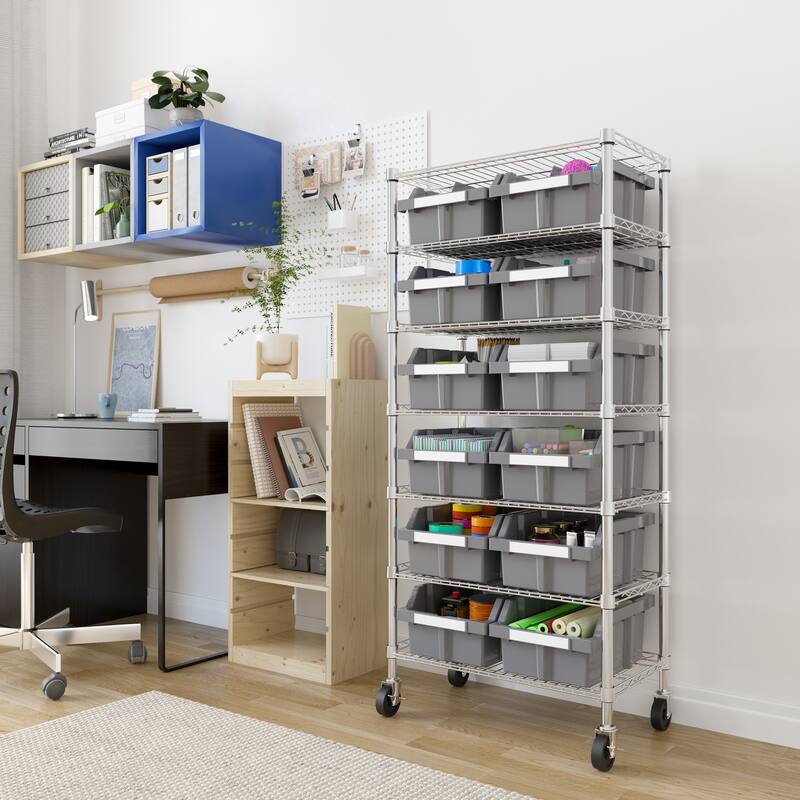 Seville Classics Commercial 7-Tier NSF 12 Bin Steel Rack Shelving Storage System, 24" W x 14.25" D x 56" H