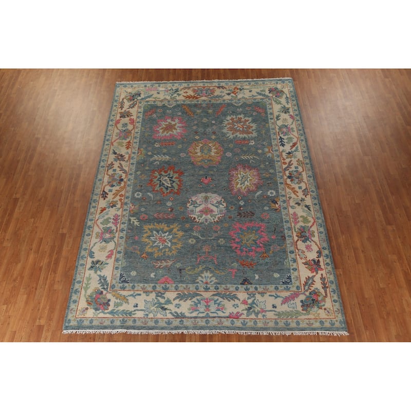 Blue Floral Oushak Oriental Area Rug Handmade Wool Carpet - 8'8"x 12'0"