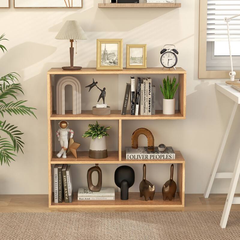 Natural Engineered Wood Geometric Bookshelf with Open Storage Shelves for Living Room or Office - 33" x 11.5" x 33" (L x W x H)