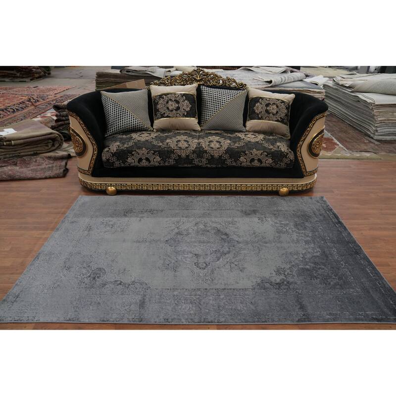 Machine Made Oriental Polyester Carpet Traditional Medallion Greys & Charcoal Tabriz Area Rug - 8' 0'' X 4' 9''