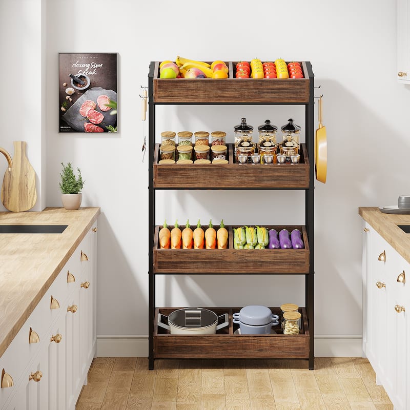 4-Tier Fruit and Vegetable Storage Rack Stand, Wood Storage Shelf for Kitchen Dining Room