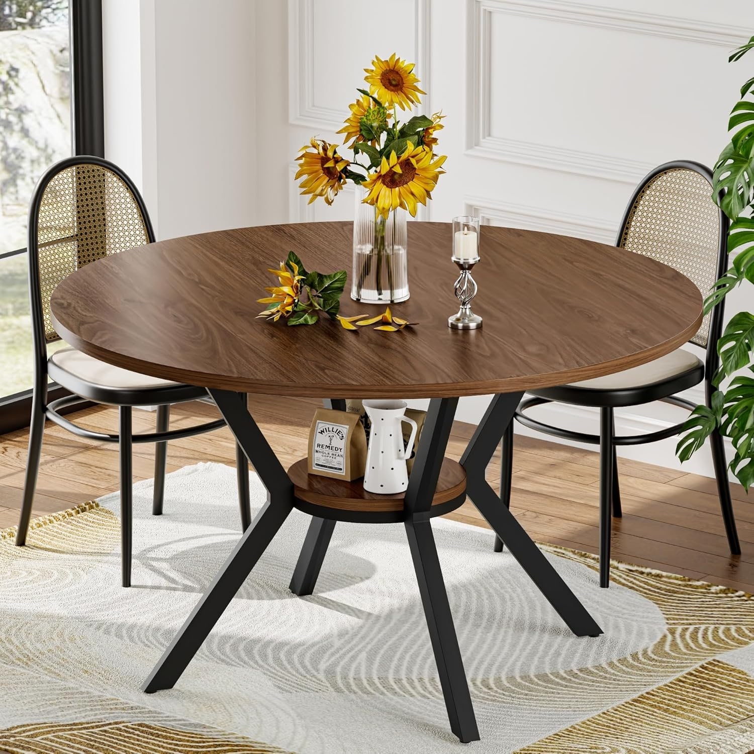 42 Inch Round Farmhouse Dining Table with Storage, Rustic Wood and Metal Legs - 6-dark Brown