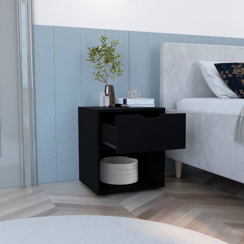 Compact Nightstand with Drawer and Open Shelf, Black Finish, Ideal for Small Spaces