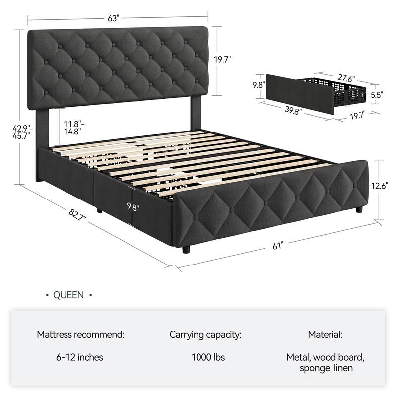 Bed Frame with 4 Storage Drawers and Adjustable Headboard