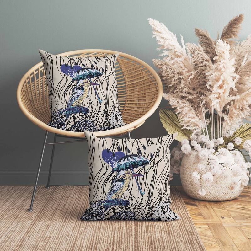 Bird with Umbrella Faux Suede Reversible Throw Pillow Beige and Blue