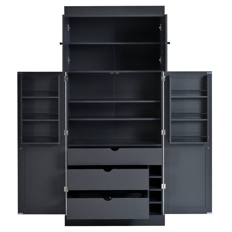 Freestanding 77"Tall Kitchen Pantry with Adjustable Shelves,Door Shelves, Drawers and Wine Racks