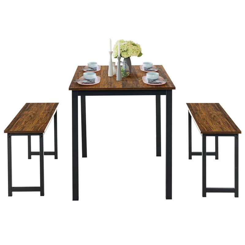 Gymax Modern 3 PCS Dining Table Bench Set w/ Metal Frame & Wooden