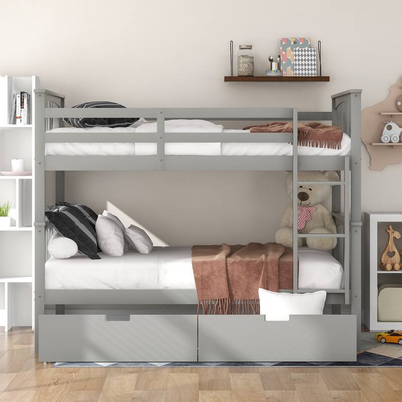Full over Full Bunk Bed with Under-Bed Drawers and Ladder for Bedroom, Guest Room Furniture