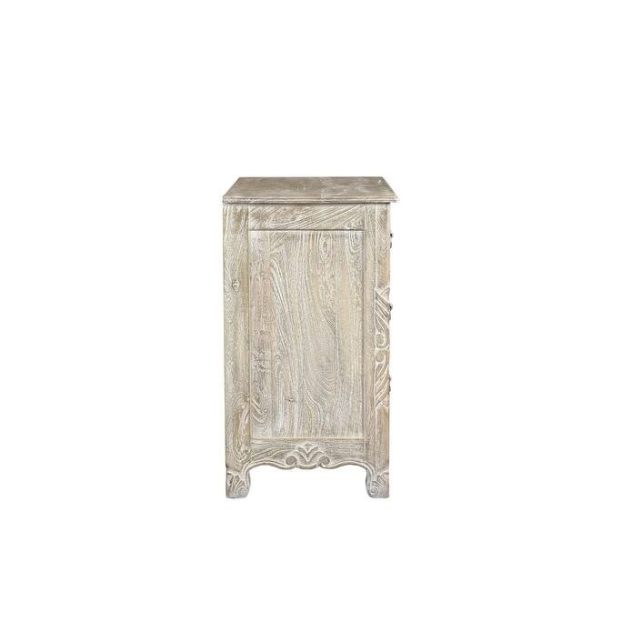HomeRoots 30" Distressed Gray Three Drawer Floral Carved Solid Wood Nightstand